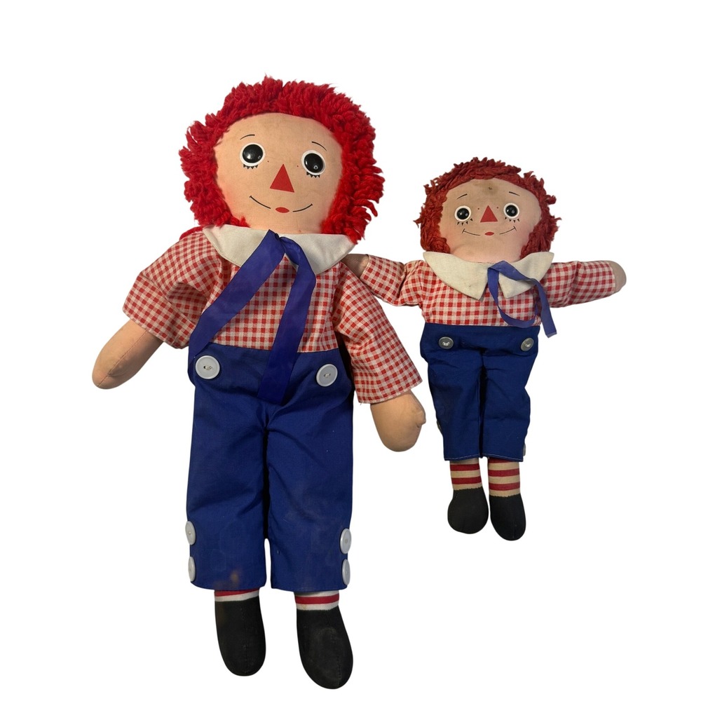 Vintage 1970s Knickerbocker Raggedy Andy Dolls Lot 2 Red Hair Gingham Americana